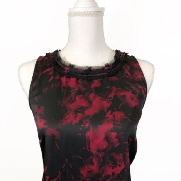 Dana Buchman Black Floral Watercolor Ruffle Beaded Neckline Work Blouse Tank Top - Picture 2 of 7